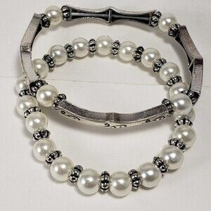Set of 2 Silver tone Textured design & beads stretchy Bracelet - Women's Fashion